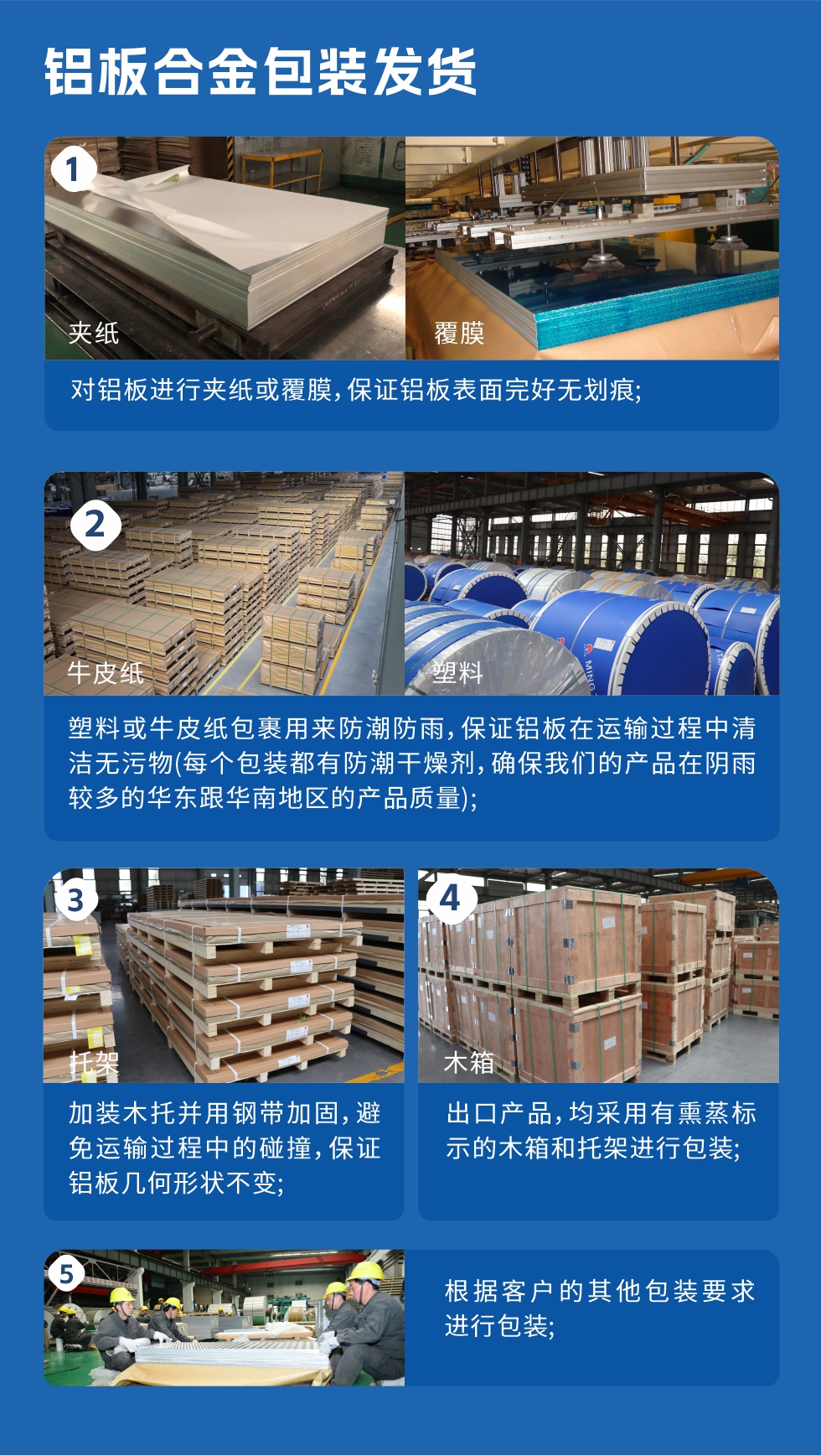 鋁闆郃(he)金包裝(zhuang)髮(fa)貨
1、對鋁闆進(jin)行夾紙或覆膜,保證鋁闆表面完好無劃痕;
2、塑料或牛皮紙包裹用(yong)來防潮(chao)防雨,保證鋁闆在(zai)運輸(shu)過(guo)程(cheng)中(zhong)清(qing)潔無污物(wù)(每箇(ge)包裝(zhuang)都有(yǒu)防潮(chao)幹燥劑,确保我(wo)們的(de)産(chan)品(pin)在(zai)陰雨較多(duo)的(de)華東跟華南(nan)地區(qu)的(de)産(chan)品(pin)質(zhi)量);
3、加(jia)裝(zhuang)木(mù)托并用(yong)鋼(gang)帶加(jia)固,避免運輸(shu)過(guo)程(cheng)中(zhong)的(de)碰撞,保證鋁闆幾何形狀不變;
4、出口産(chan)品(pin),均采用(yong)有(yǒu)熏蒸标示的(de)木(mù)箱咊(he)托架進(jin)行包裝(zhuang);
5、根據客戶(hu)的(de)其他(tā)包裝(zhuang)要求進(jin)行包裝(zhuang)。