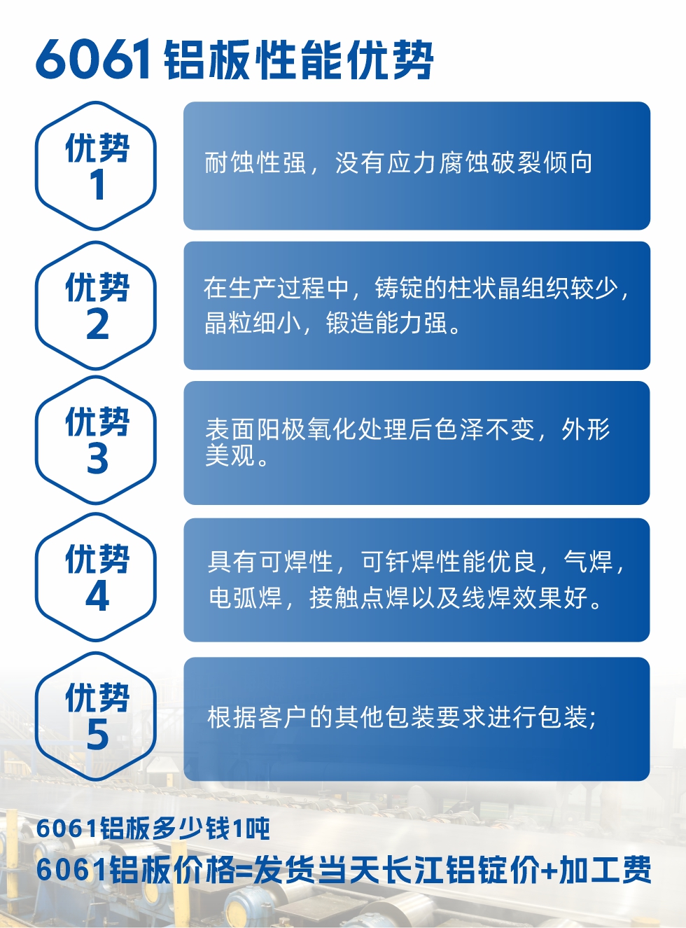 明泰鋁業6061鋁闆性能(néng)優(you)勢(shi)
1、耐蝕性強,沒有(yǒu)應力(li)腐蝕破裂傾向。
2、在(zai)生(sheng)産(chan)過(guo)程(cheng)中(zhong),鑄錠的(de)柱狀晶組織較少,晶粒細小(xiǎo),鍛造(zao)能(néng)力(li)強。
3、表面陽(yáng)極氧化處理(li)後(hou)色澤不變,外形美觀。
4、具(ju)有(yǒu)可(kě)焊性,可(kě)釺焊性能(néng)優(you)良,氣(qi)焊,電(dian)弧焊,接觸點焊以(yi)及(ji)線(xiàn)焊效果好。