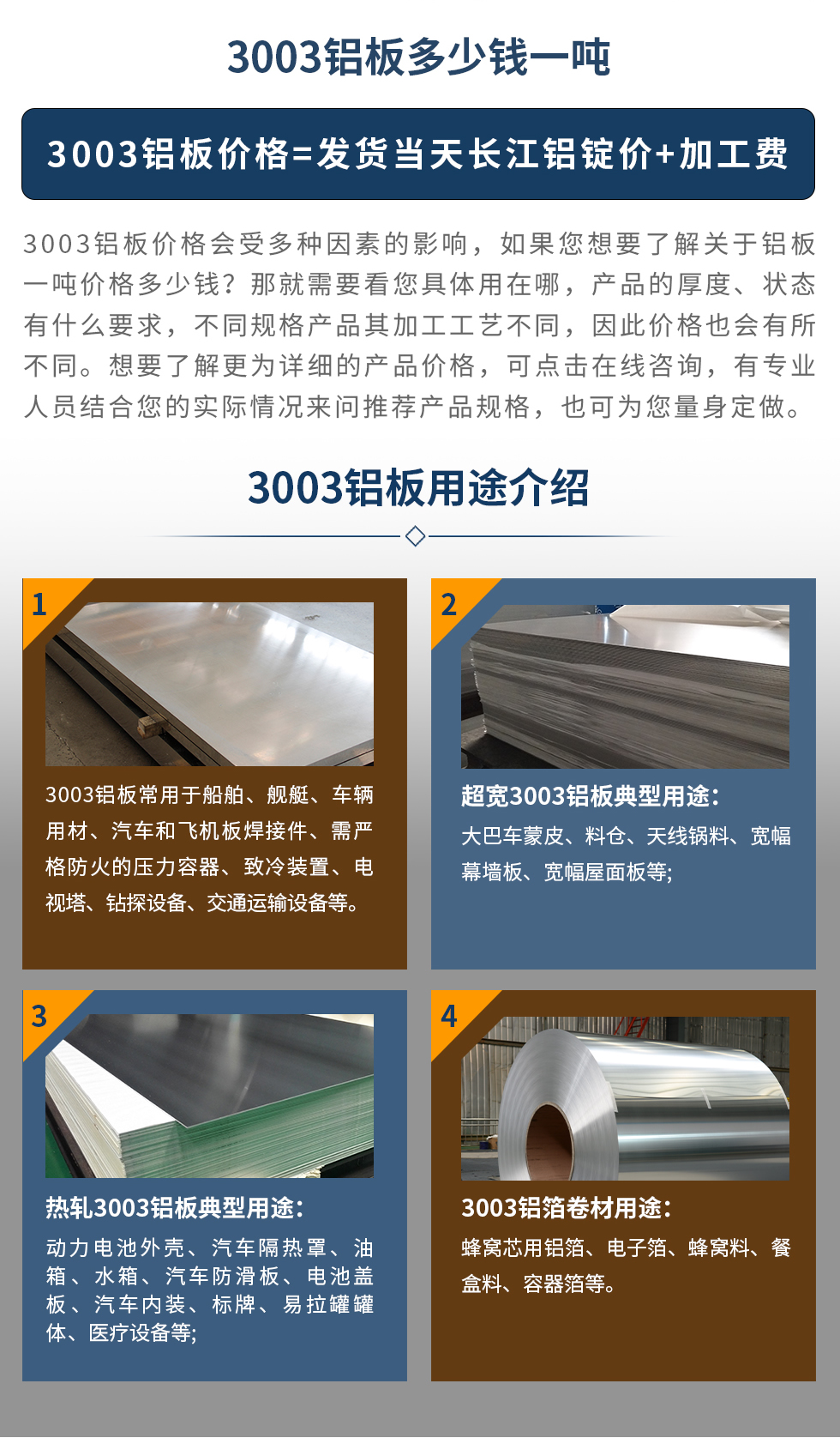 3003鋁闆用(yong)途介紹
　　3003鋁闆常用(yong)于(yu)船舶、艦艇、車(che)輛用(yong)材(cai)、汽車(che)咊(he)飛機(jī)闆焊接件、需嚴格防火的(de)壓力(li)容器(qi)、緻冷裝(zhuang)置、電(dian)視塔、鑽探設(shè)備(bei)、交通(tong)運輸(shu)設(shè)備(bei)等(deng)。超寬3003鋁闆典型用(yong)途：大(da)巴車(che)蒙皮、料倉、天線(xiàn)鍋料、寬幅幕牆闆、寬幅屋面闆等(deng);熱軋3003鋁闆典型用(yong)途：動(dòng)力(li)電(dian)池外殼(ke)、汽車(che)隔熱罩、油箱、水箱、汽車(che)防滑闆、電(dian)池蓋(gai)闆、汽車(che)內(nei)裝(zhuang)、标牌、易拉罐罐體(ti)、醫(yī)療設(shè)備(bei)等(deng);3003鋁箔卷材(cai)用(yong)途： 蜂窩芯用(yong)鋁箔、電(dian)子(zi)箔、蜂窩料、餐盒料、容器(qi)箔等(deng)。